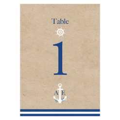 Carte numéro de table, thème mer, marin. Ancre de bateau avec initiales des mariés.