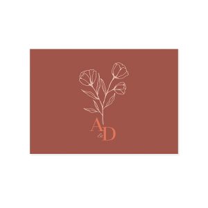 Carte invitation brunch mariage. Petite carte avec fleur ivoire sur fond terracotta
