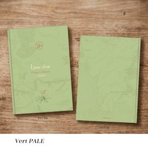 Livre d’or mariage Tolkien vert sauge avec design élégant inspiré fantasy et couverture personnalisée