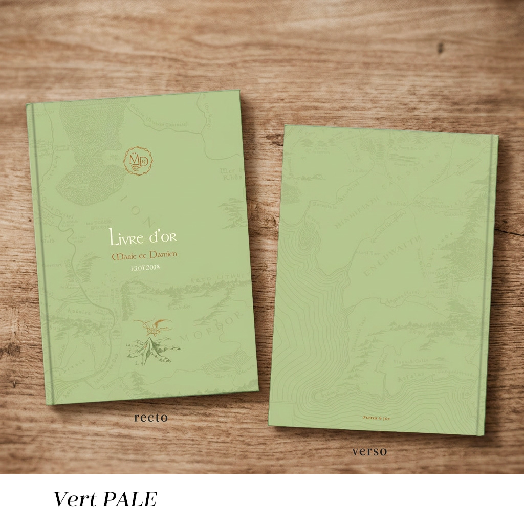 Livre d’or mariage Tolkien vert sauge avec design élégant inspiré fantasy et couverture personnalisée