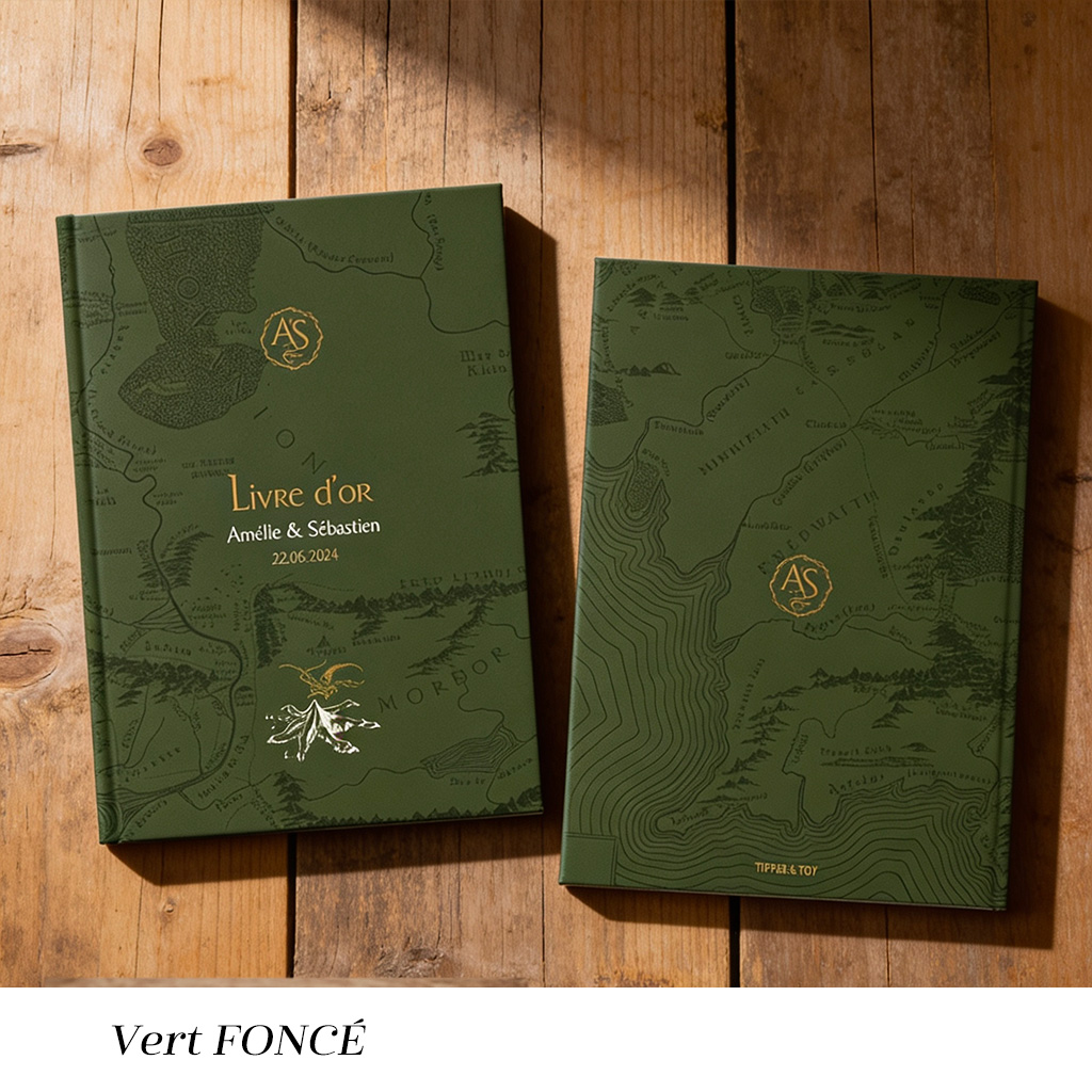 Livre d’or mariage vert forêt inspiré univers fantasy et nature style Tolkien