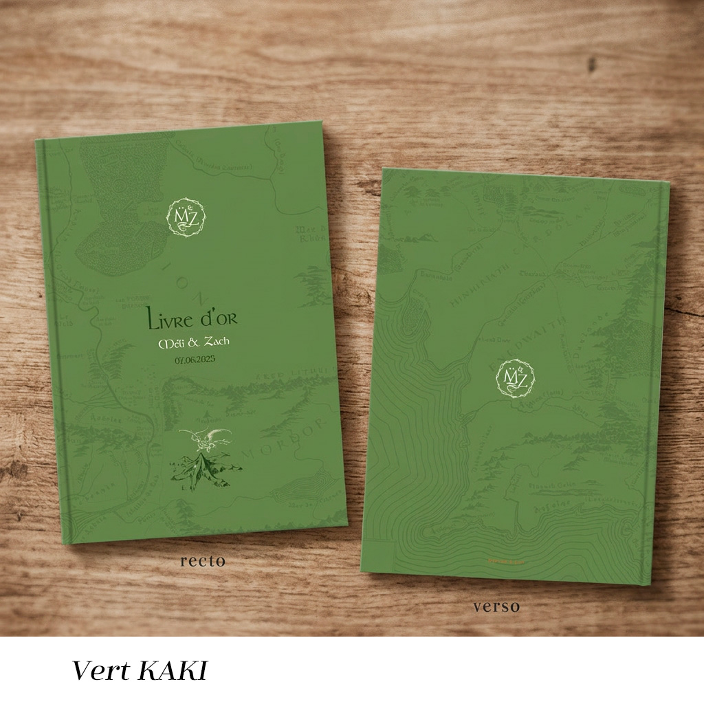 Livre d’or mariage vert kaki vintage inspiré fantasy et univers médiéval élégant