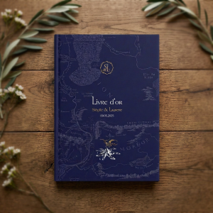 Livre d’or mariage bleu nuit inspiré Tolkien avec design élégant et romantique