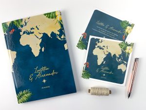 Mariage à la Réunion, faire-part exotique avec carte du monde