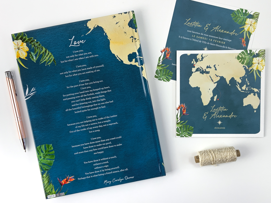 Livre d'or mariage à la Réunion, faire-part exotique, bleu océan
