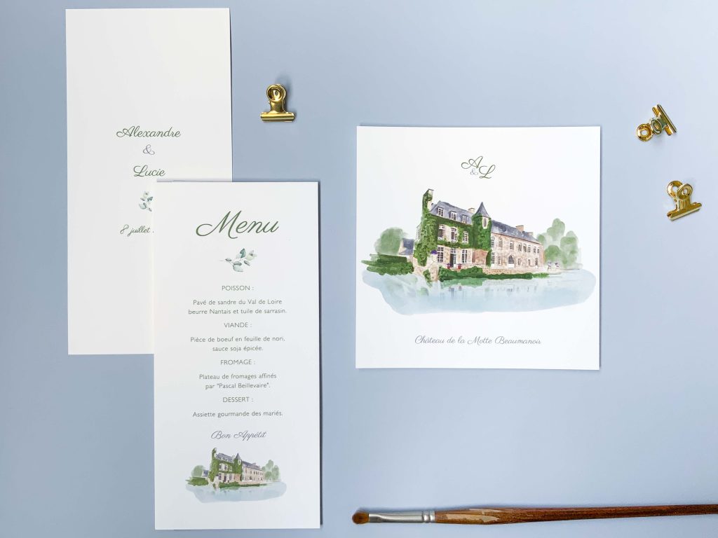 faire-part mariage aquarelle du château, invitation sobre et classique