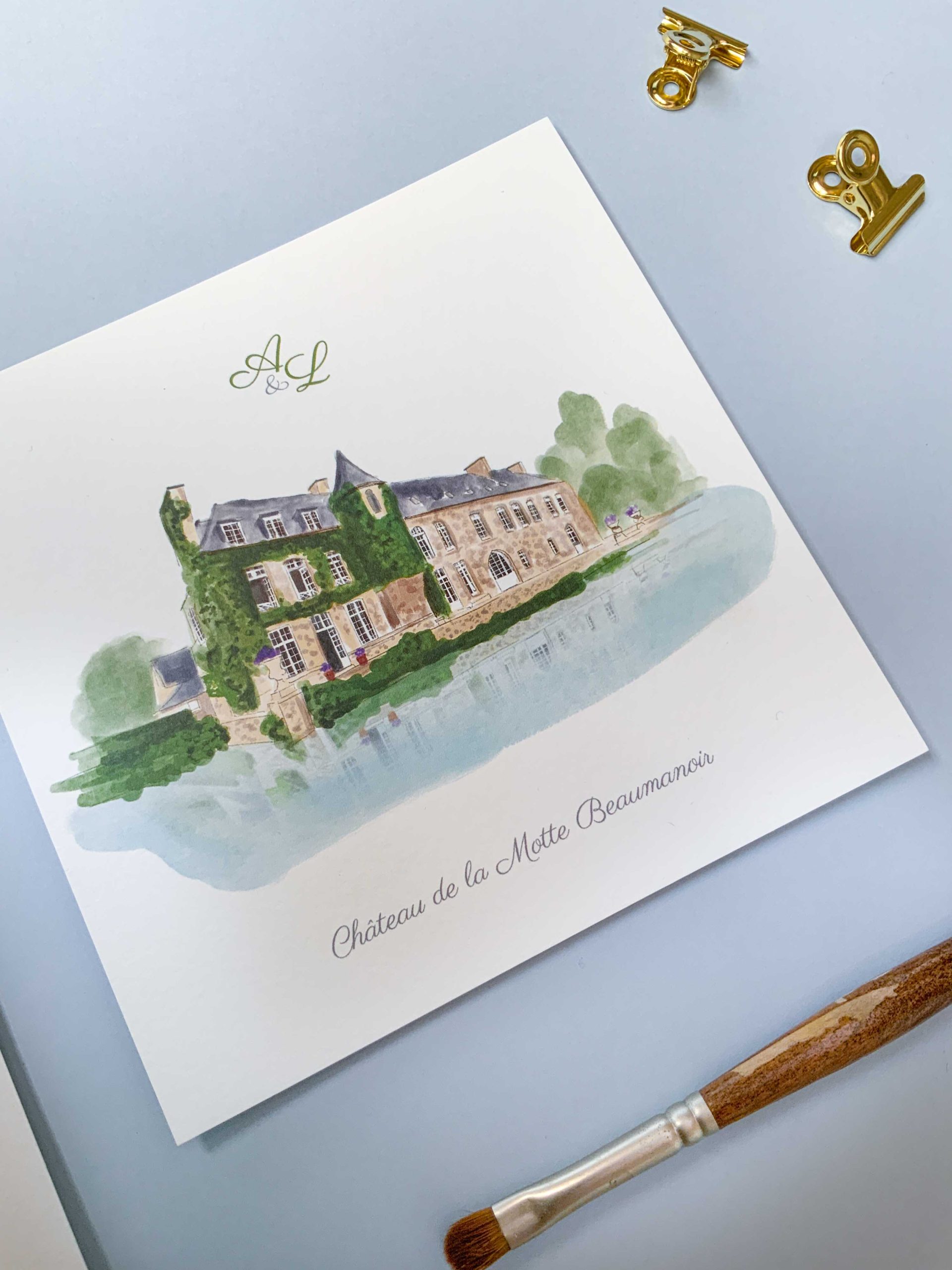 invitation mariage chateau à l'aquarelle