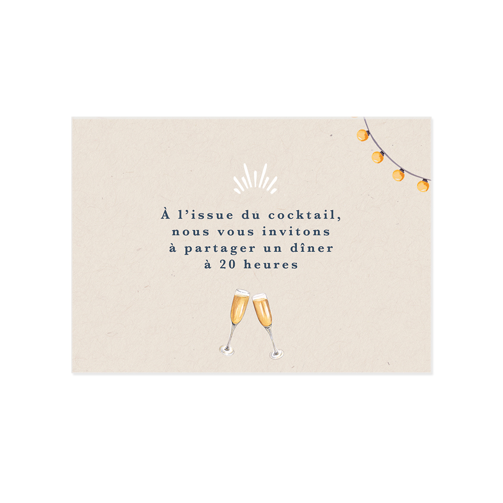 Petite carte invitation dîner de mariage guinguette, coupe de Champagne à l'aquarelle