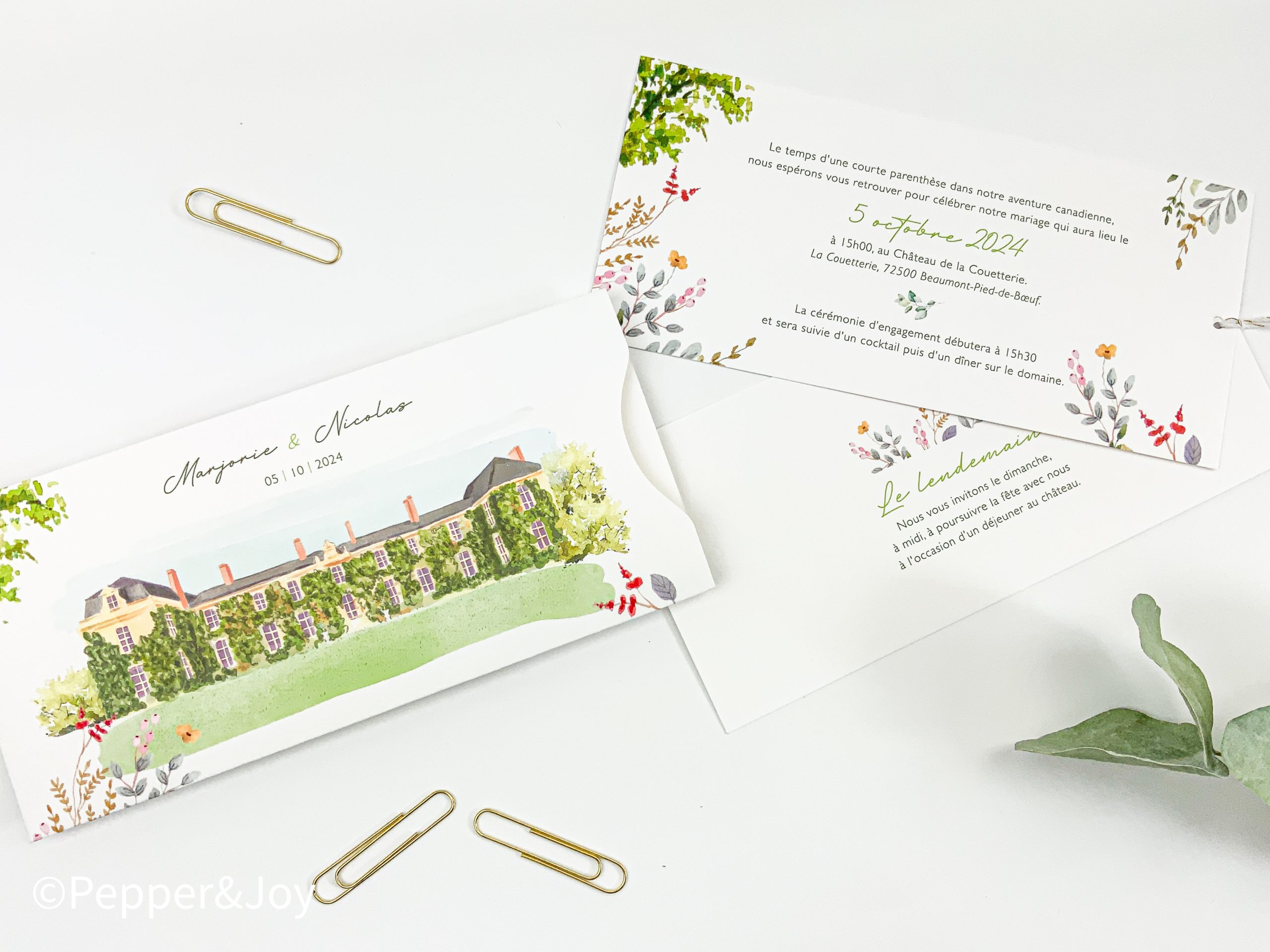 Faire-part avec dessin du lieu du mariage à l'aquarelle