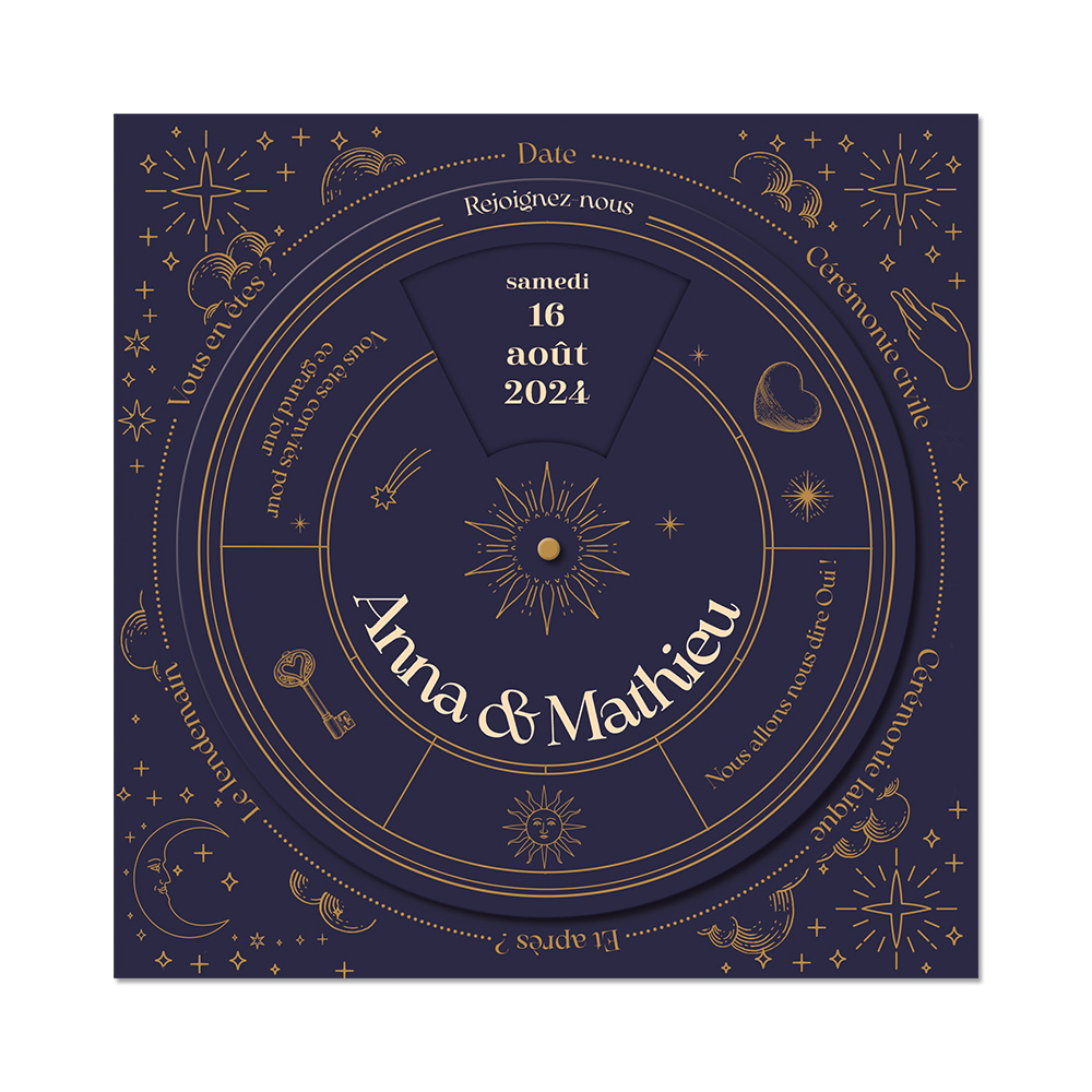 Invitation mariage roue de la chance, inspirée d'une carte du ciel, style vintage rétro