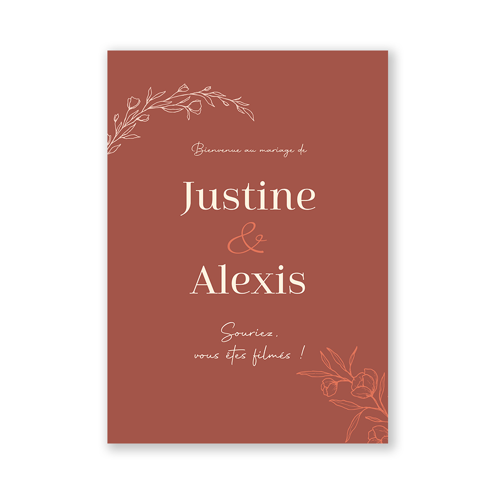 Panneau mariage Terracotta, terre cuite, fleurs délicates et branches d'olivier