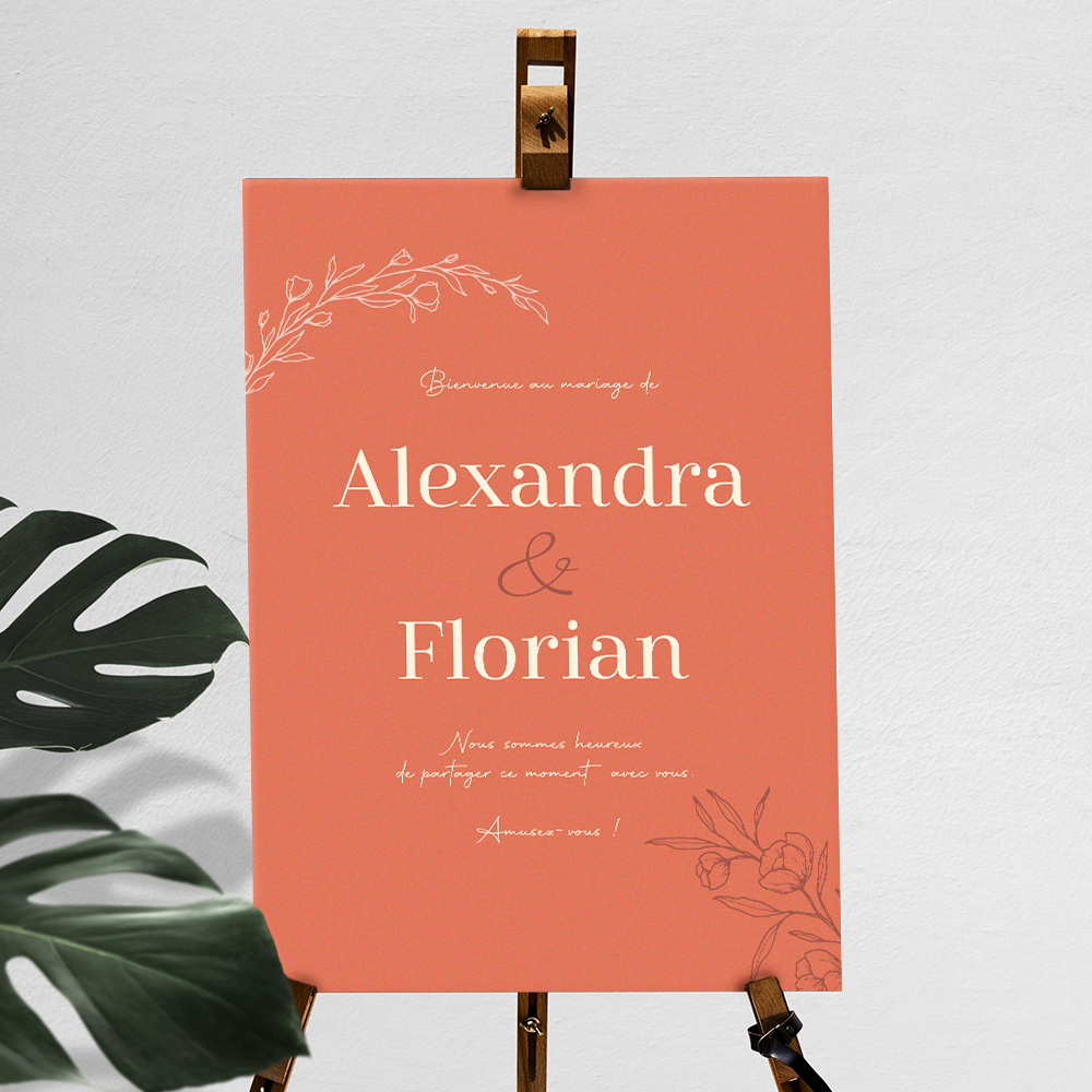 Panneau bienvenue mariage Terracotta, affiche personnalisée. Fleurs bohème et champêtre