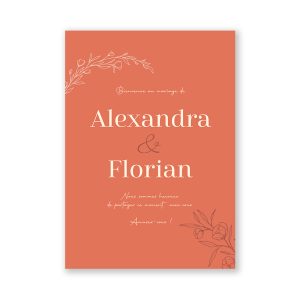 Panneau mariage Terracotta, fleurs au trait, branches d'oliviers. Affiche champêtre personnalisées avec prénoms et texte.
