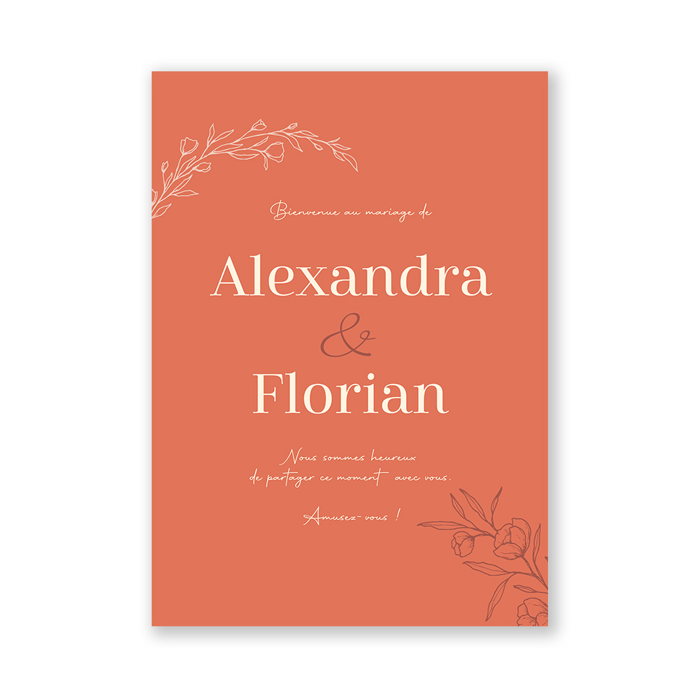 Panneau mariage Terracotta, fleurs au trait, branches d'oliviers. Affiche champêtre personnalisées avec prénoms et texte.