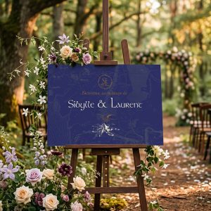Panneau de bienvenue mariage Tolkien installé sur chevalet en bois à l’entrée d’une cérémonie en extérieur, décoration de mariage fantasy et forêt enchantée.
