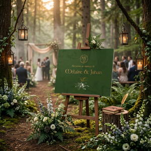 Détail du panneau de mariage Tolkien avec typographie élégante et design inspiré du Seigneur des Anneaux, papeterie de mariage personnalisée.