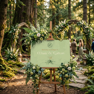 Panneau de bienvenue mariage fantasy dans un décor bohème chic et médiéval inspiré de l’univers Tolkien, décoration de cérémonie romantique.