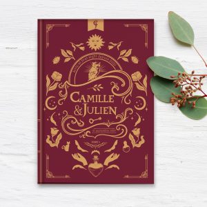 Invitation de mariage style livre de magie inspiré de l’univers Harry Potter, couverture façon grimoire en carton écologique