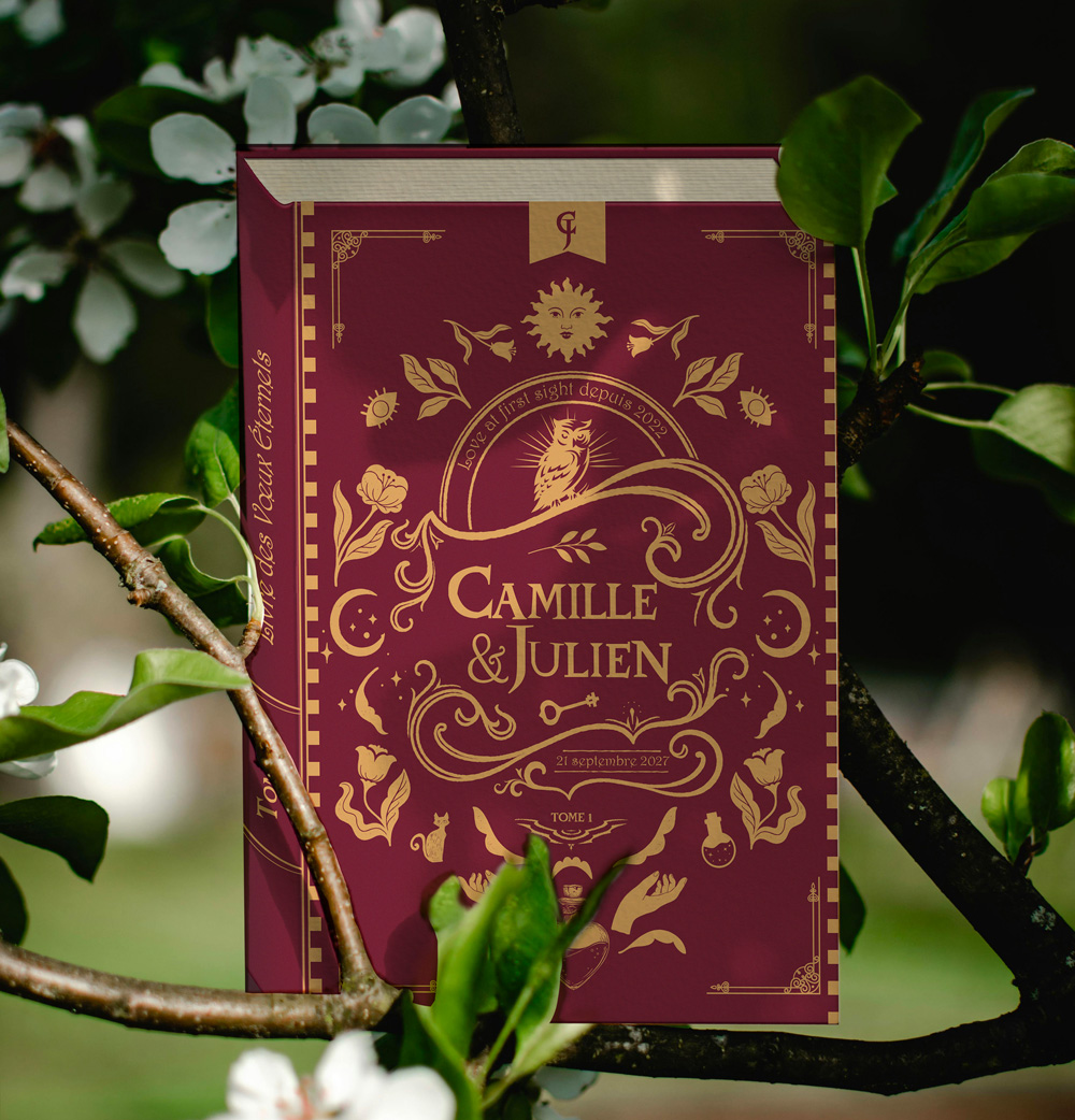 Faire-part de mariage Harry Potter en forme de grimoire ancien