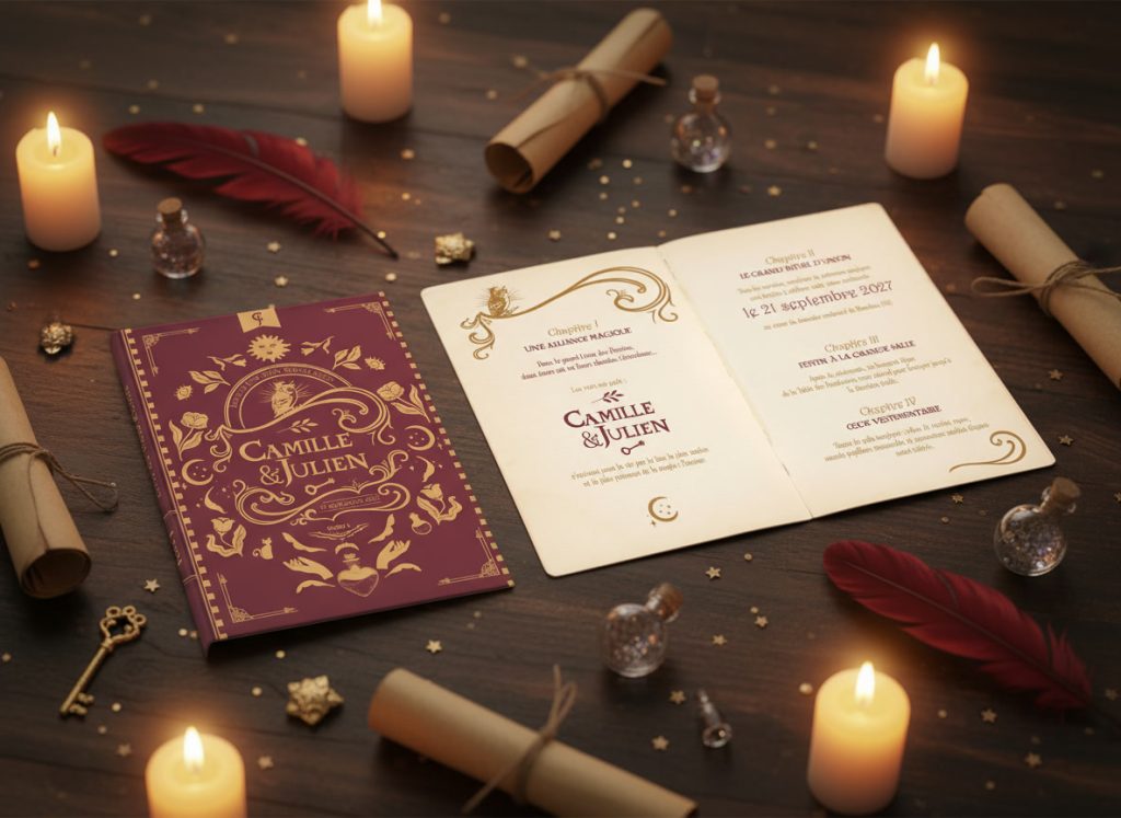 Faire-part de mariage Harry Potter en forme de grimoire ancien