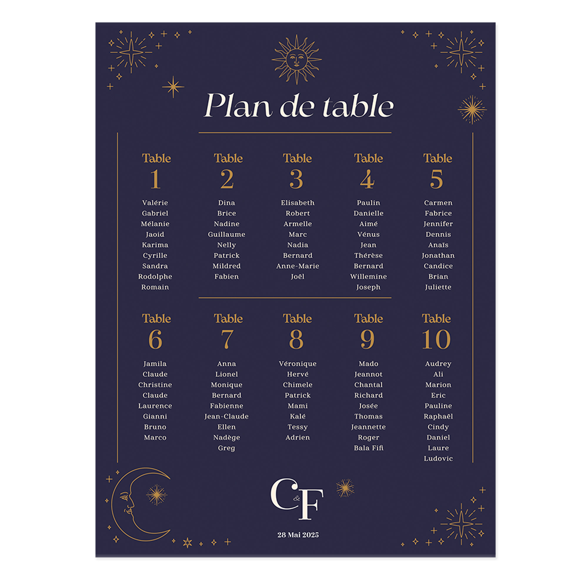 Poster plan de table mariage zodiac vintage assorti au faire-part Roue de la Chance avec illustrations célestes, constellations et design astrologique élégant.